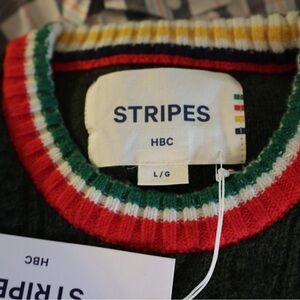 Green Ribbed Crewneck Sweater with Stripes